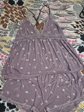 Victorias Secret Lavender Floral Lace-Trim Cami & Short Set